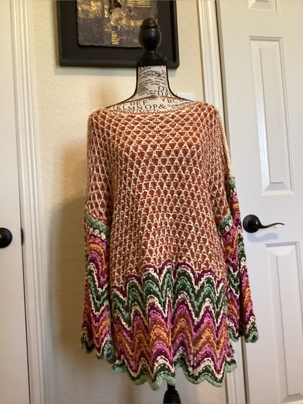 Handcrafted Crochet Tunic Sweater in Rust with Multicolor Chevron Hem